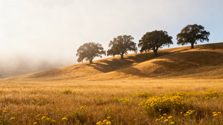 Landscape with oak trees on a hillside in the morning lightの素材
