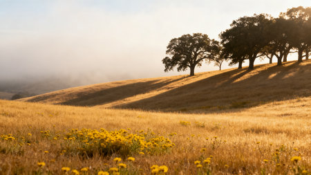 Landscape with yellow meadow and trees in the fog at sunriseの素材