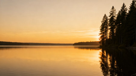 Beautiful sunset on the lake. Landscape with forest and lake.の素材