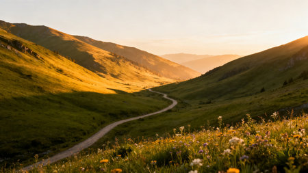 Mountain landscape at sunset in summertime. Carpathian, Ukraineの素材