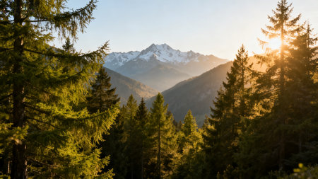 Sunset in the mountains with coniferous forest and snow-capped peaksの素材