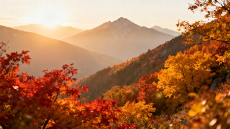 Beautiful autumn landscape in the mountains with colorful forest and high peaksの素材