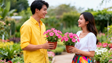 Happy asian couple florist or gardener holding flower pot and smiling in the gardenの素材