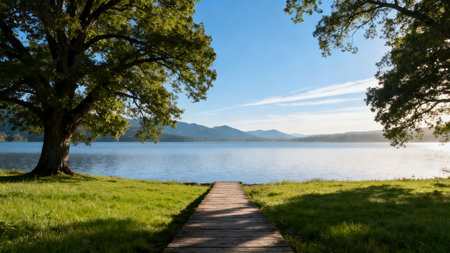 Wooden path in the middle of a lake with a mountain in the backgroundの素材