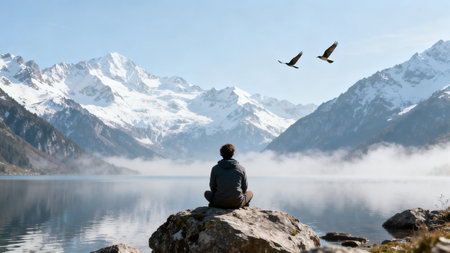 Man sitting on a rock overlooking a mountain lake in New Zealand.の素材