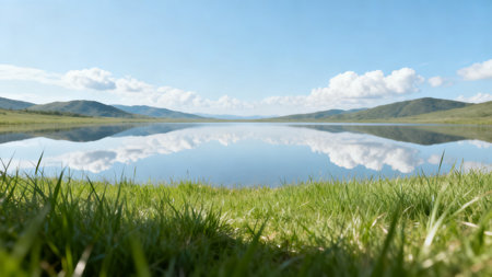 landscape of lake with grass and blue sky with clouds in backgroundの素材