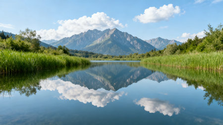 Mountains reflected in the water of a mountain lake. Summer landscape.の素材