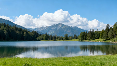 Landscape of a lake in the Alps with mountains in the backgroundの素材