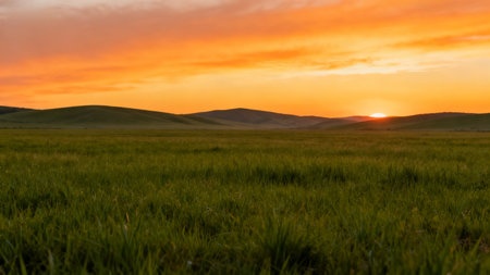 Sunset in the steppe of Kazakhstan. Beautiful summer landscape.の素材
