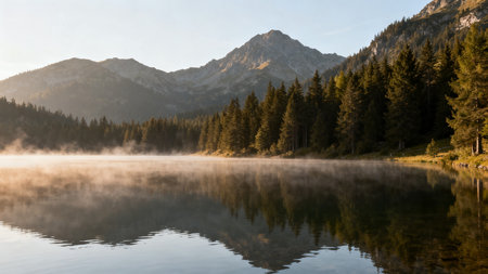 Mountain lake in the morning with fog and reflection in the waterの素材