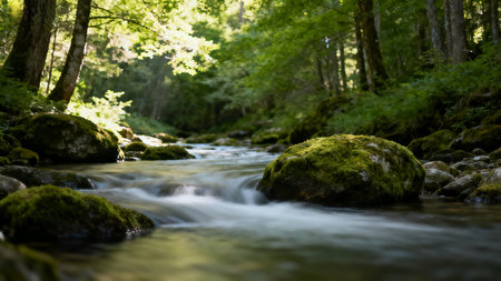 Mountain river in the forest. Beautiful summer landscape. Long exposure.の素材