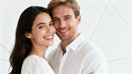Portrait of happy young couple embracing each other, looking at camera and smiling, standing indoorsの素材