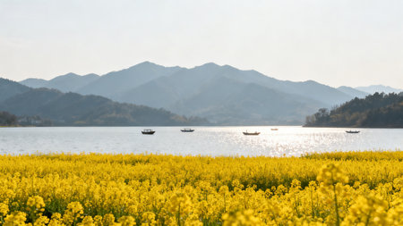 Rape blossoms and yangtze river in south koreaの素材