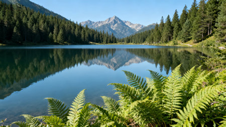 Mountain lake with forest and reflectionの素材