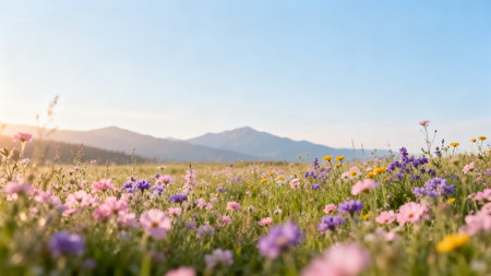 Colorful wildflowers in mountain fieldの素材