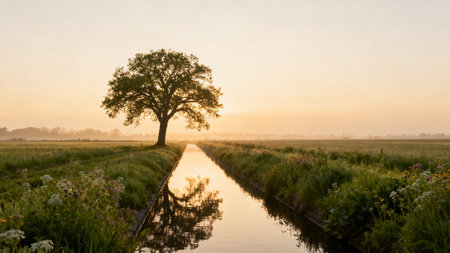 Solitary tree in field at sunriseの素材