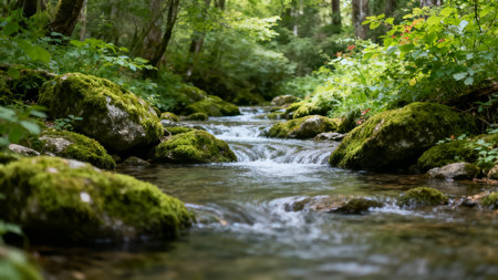 Creek in the forest with green moss and stones. Selective focus.の素材