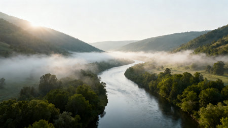 River winding through misty valleyの素材