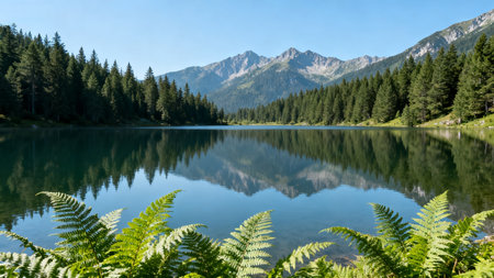 Mountain lake with forest and reflectionの素材