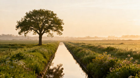 Solitary tree in a misty field at sunriseの素材