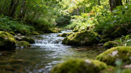 Forest stream with mossy rocksの素材