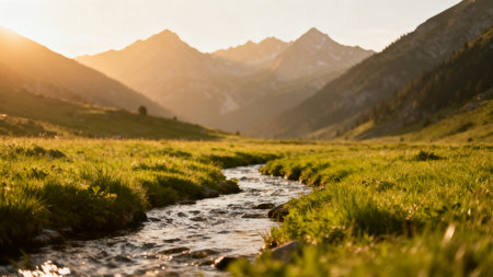 Mountain stream in grassy valley at sunsetの素材