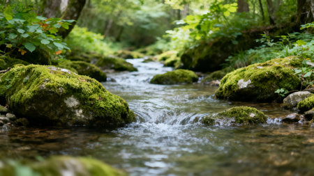 Mossy rocks in a forest streamの素材