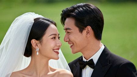 Couple in wedding attire outdoorsの素材