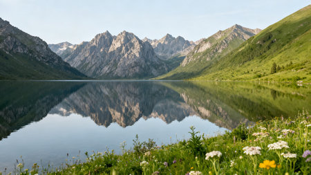 Mountain lake with clear reflectionの素材