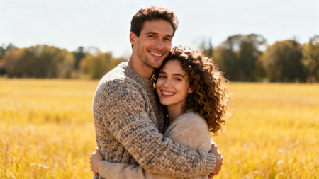 Portrait of a happy couple embracing each other in a wheat fieldの素材