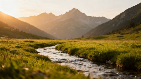 Mountain stream in grassy valley at sunsetの素材