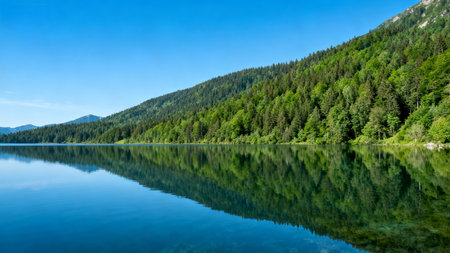 Mountain lake with forested slopesの素材