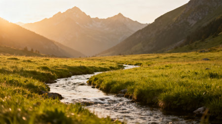 Mountain stream in grassy valley at sunsetの素材
