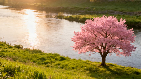 Pink cherry blossom tree by river at sunsetの素材