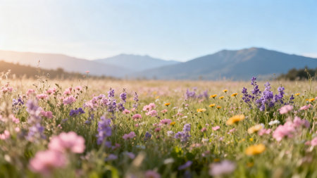 Floral field with mountain backdropの素材