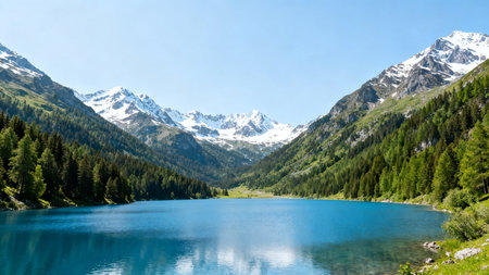Mountain lake with snow capped peaksの素材