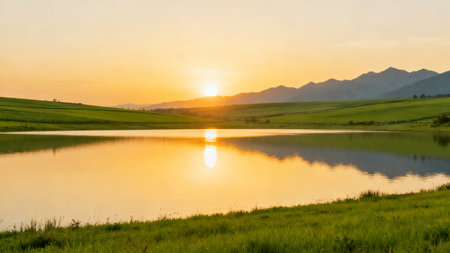 Sunset over lake with green hillsの素材