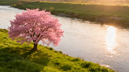 Pink flowering tree by river at sunsetの素材