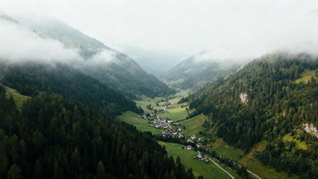 Aerial view of small village in foggy valley in Austrian Alpsの素材