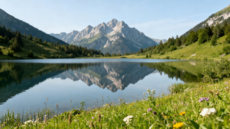 Mountain lake with forested hillsの素材