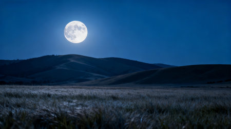 Full moon over rolling hills at nightの素材