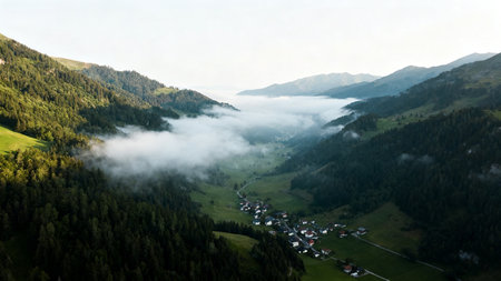 Mountain valley with fog and villageの素材