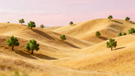 Hilly landscape with scattered treesの素材