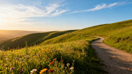 Winding path through green hills with flowersの素材