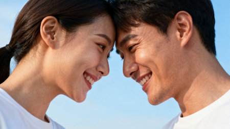 Closeup of smiling couple touching foreheadsの素材