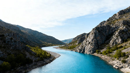 River winding through rocky mountainsの素材