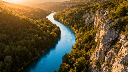 River winding through forested canyonの素材