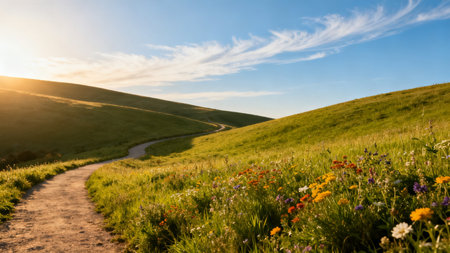 Winding path through grassy hills with wildflowersの素材