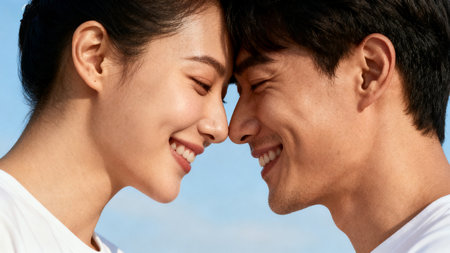 Happy asian couple looking at each other and smiling against blue skyの素材