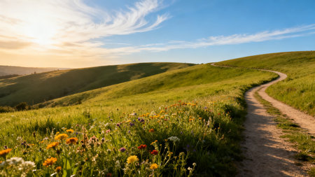 Winding path through grassy hills with wildflowersの素材